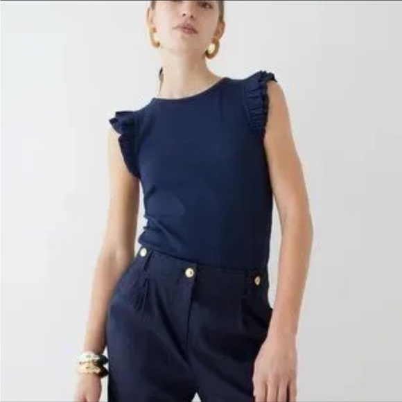 J. Crew Tops - J. Crew Vintage Navy Ribbed Ruffle Sleeve Shirt Size Small
